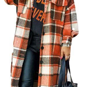 Women's Casual Plaid Lapel Woolen Button Up Pocketed Long Shacket Coat